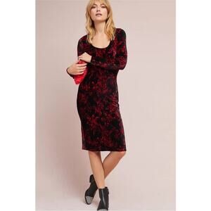 Anthropologie HD in Paris Deirdre Black and Red Floral Ribbed Velvet Dress S